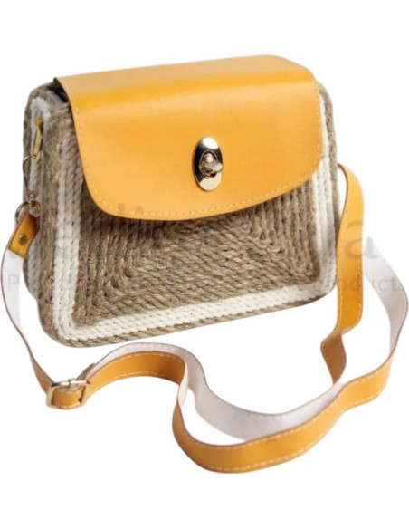Rectangular plant-fibre crossbody bag with yellow leather flap