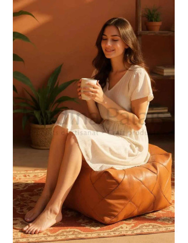 Square Moroccan leather pouf