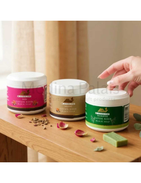 Moroccan Black Soap Trio – Unscented, Rose, Eucalyptus