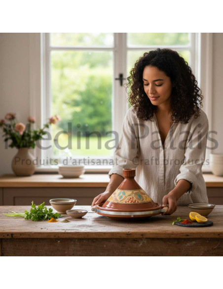 Hand-Painted Moroccan Clay Tagine 33 cm (13 in) – Serves 6 to 8, Red Dots