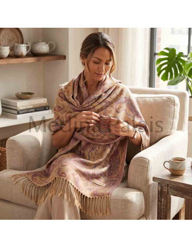 Foulard pashmina beige pêche – motif cachemire