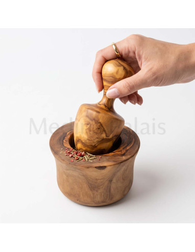 Mortier et pilon artisanal en bois d’olivier de...