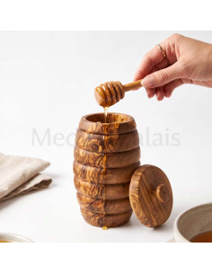 Handcrafted Tunisian Olive Wood Honey Pot with Dipper