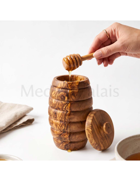 Handcrafted Tunisian Olive Wood Honey Pot with Dipper
