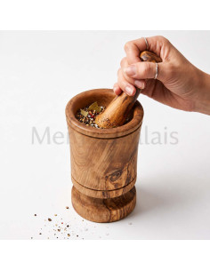 Mortier et pilon haut artisanal en bois d’olivier de...