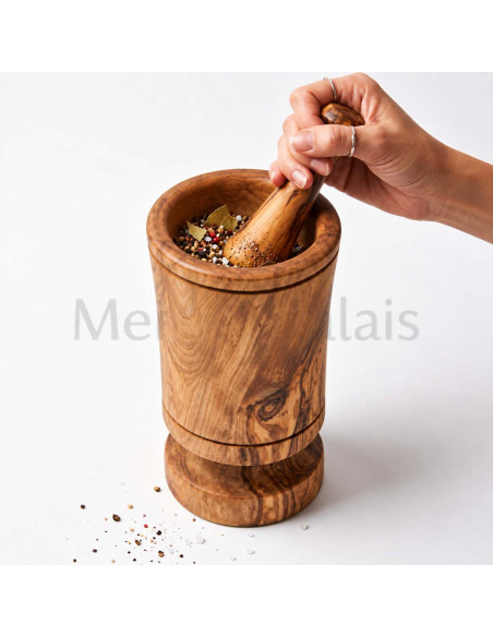 Handcrafted Tall Tunisian Olive Wood Mortar and Pestle – 9″ × 4.5″
