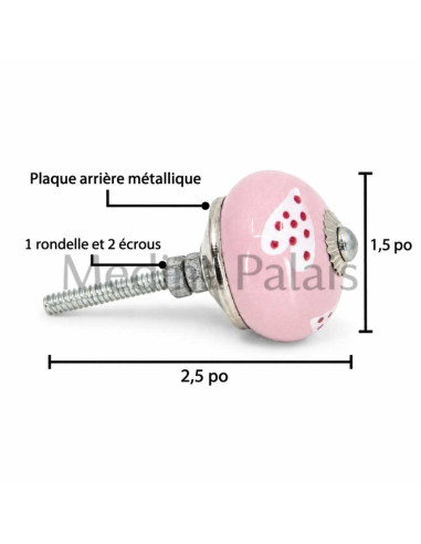 Dimensions du bouton en céramique rose à motifs assortis : 1,5 po de diamètre, 2,5 po avec la vis