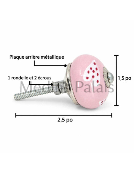 Pink assorted-design ceramic knob dimensions: 1.5 in diameter, 2.5 in with screw
