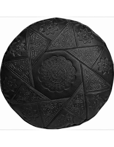 Pouf marocain en cuir noir fait main – Ø 18 po,...
