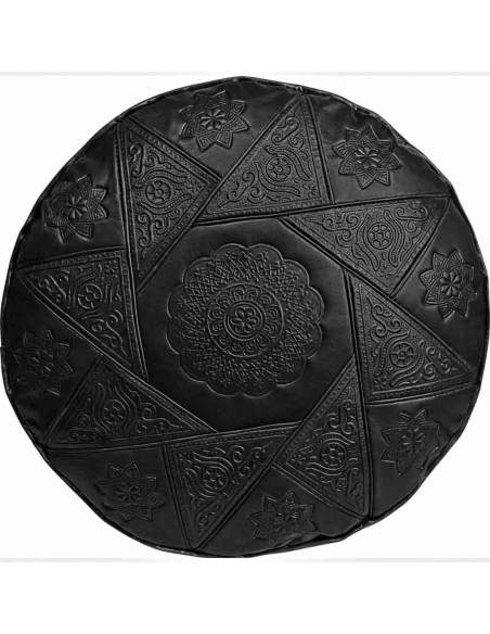 Pouf marocain en cuir noir fait main – Ø 18 po, H 16 po