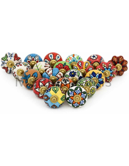 Lot de boutons de meuble en céramique multicolores à vis dorées, peints à la main