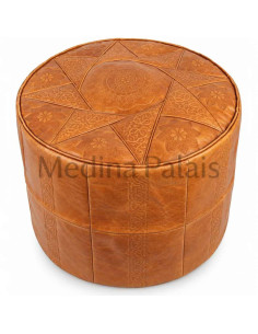 Pouf marocain Rabat en cuir caramel – Ø 16 po