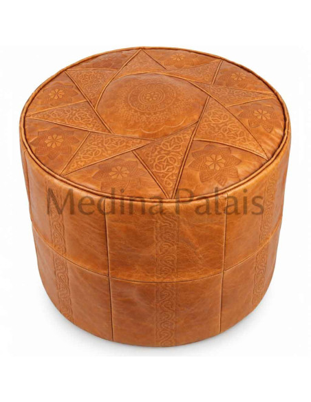 Moroccan Rabat Leather Pouf, Caramel – Ø 16 in