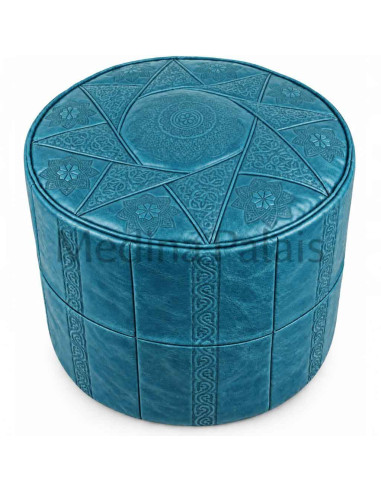 Pouf marocain en cuir turquoise fait main – Ø...