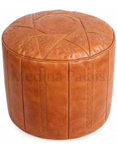 Moroccan Casablanca Leather Pouf, Caramel – Ø 18 in