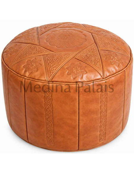 Pouf marocain bas Marrakech, cuir caramel – Ø 18 po