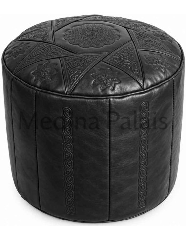 Moroccan Casablanca Leather Pouf, Black – Ø 18 in