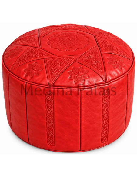 Pouf marocain bas Marrakech, cuir rouge – Ø 18 po