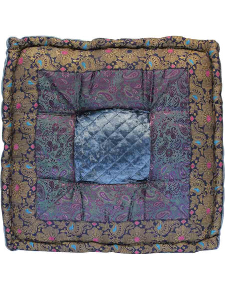 Coussin de sol brocart bleu et violet, 18 x 18 po