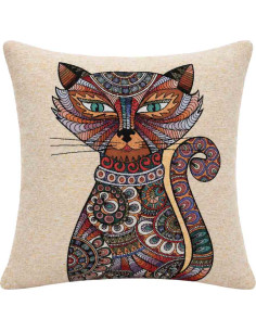 Housse de coussin chat aux motifs ethniques, 17 x 17 po