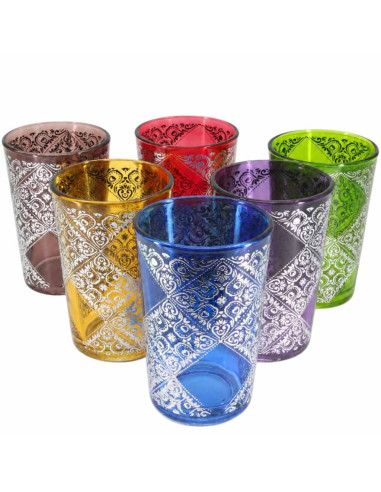 Six tea glasses with a silver pattern