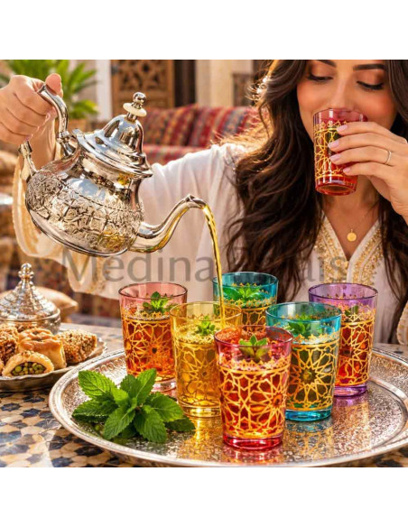 6 Berber Moroccan Tea Glasses – Gold Arabesques