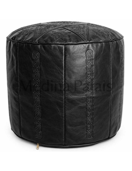 Moroccan Casablanca Leather Pouf, Black – Ø 18 in