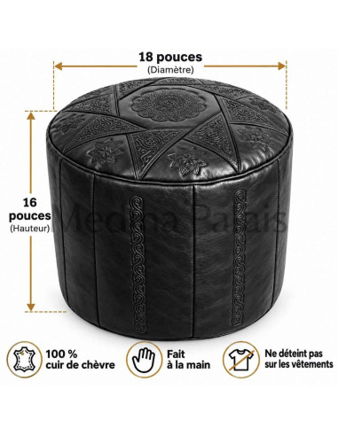 Moroccan Casablanca Leather Pouf, Black – Ø 18 in