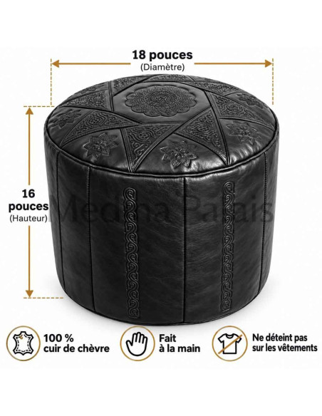 Moroccan Casablanca Leather Pouf, Black – Ø 18 in