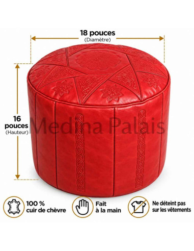 Moroccan Casablanca Leather Pouf, Red – Ø 18 in