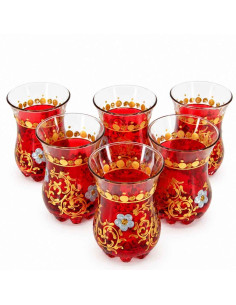 6 verres à thé marocains rouges – Décor doré floral
