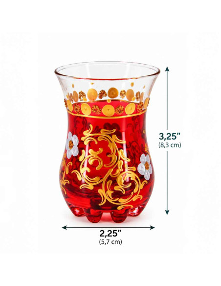 6 verres à thé marocains rouges – Décor doré floral