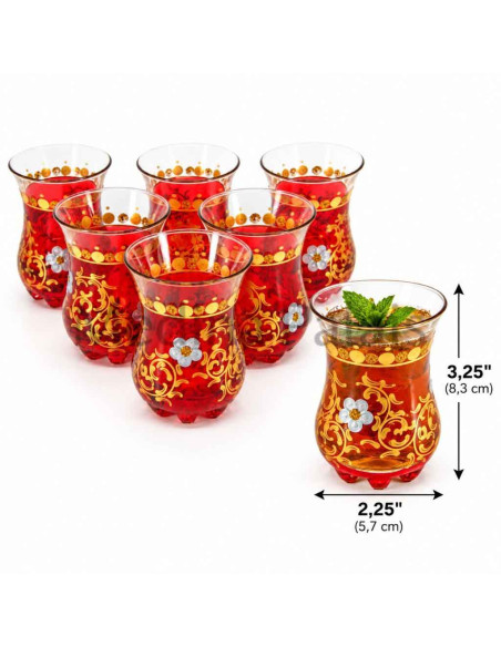 6 Red Moroccan Tea Glasses – Gold Floral Décor