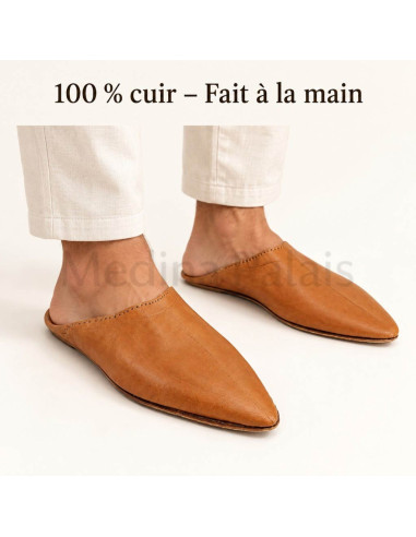 Caramel pointed babouches worn, 100% handmade leather
