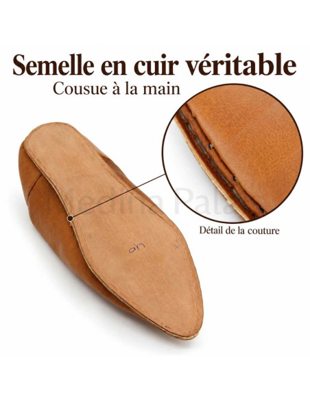 Semelle en cuir cousue à la main de la babouche pointue caramel