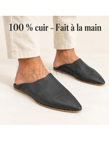 Black pointed babouches worn, 100% handmade leather