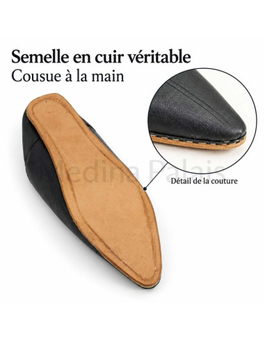 Hand-stitched leather sole of the black pointed babouche