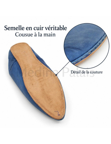 Hand-stitched leather sole of the blue pointed babouche