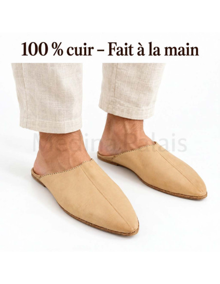 Beige pointed babouches worn, 100% handmade leather