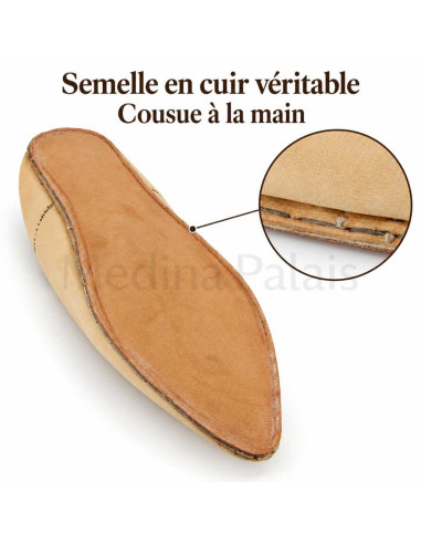 Semelle en cuir cousue à la main de la babouche pointue beige