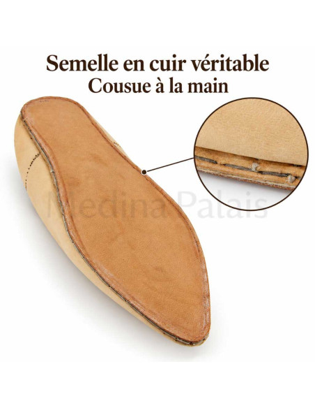 Semelle en cuir cousue à la main de la babouche pointue beige