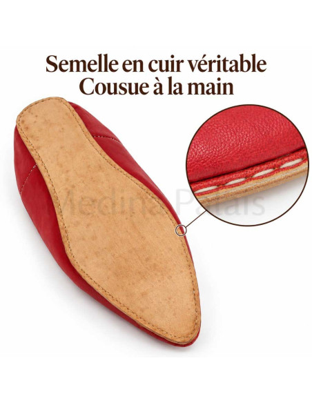 Hand-stitched leather sole of the red pointed babouche