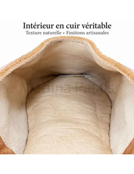 Genuine leather lining of the yellow pointed Moroccan babouche