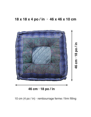 Coussin de sol brocart bleu roi, 18 x 18 po