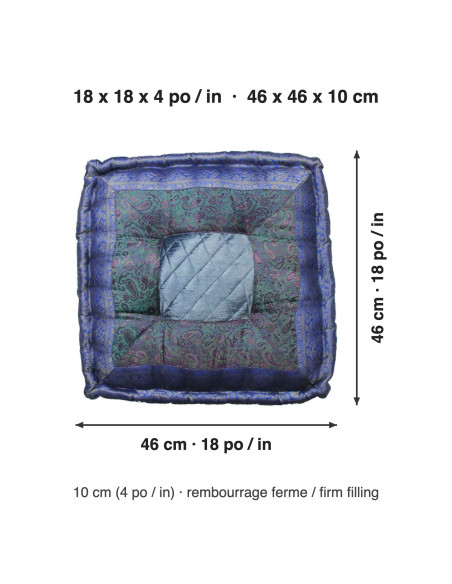 Coussin de sol brocart bleu roi, 18 x 18 po