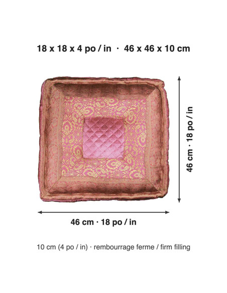 Coussin de sol brocart rose et or, 18 x 18 po