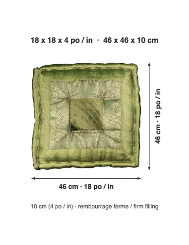 Coussin de sol brocart vert anis, 18 x 18 po