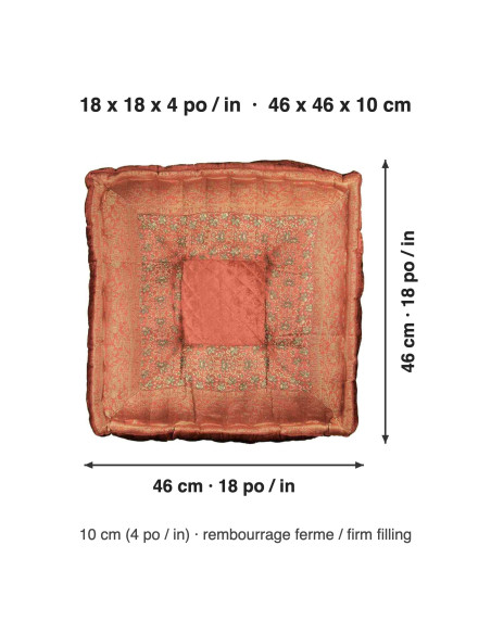 Coussin de sol brocart orange brique, 18 x 18 po