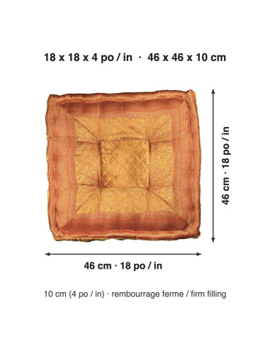 Coussin de sol brocart orange et or, 18 x 18 po