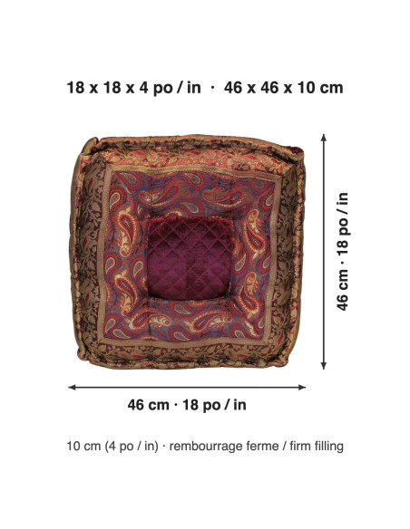 Coussin de sol brocart bordeaux, 18 x 18 po
